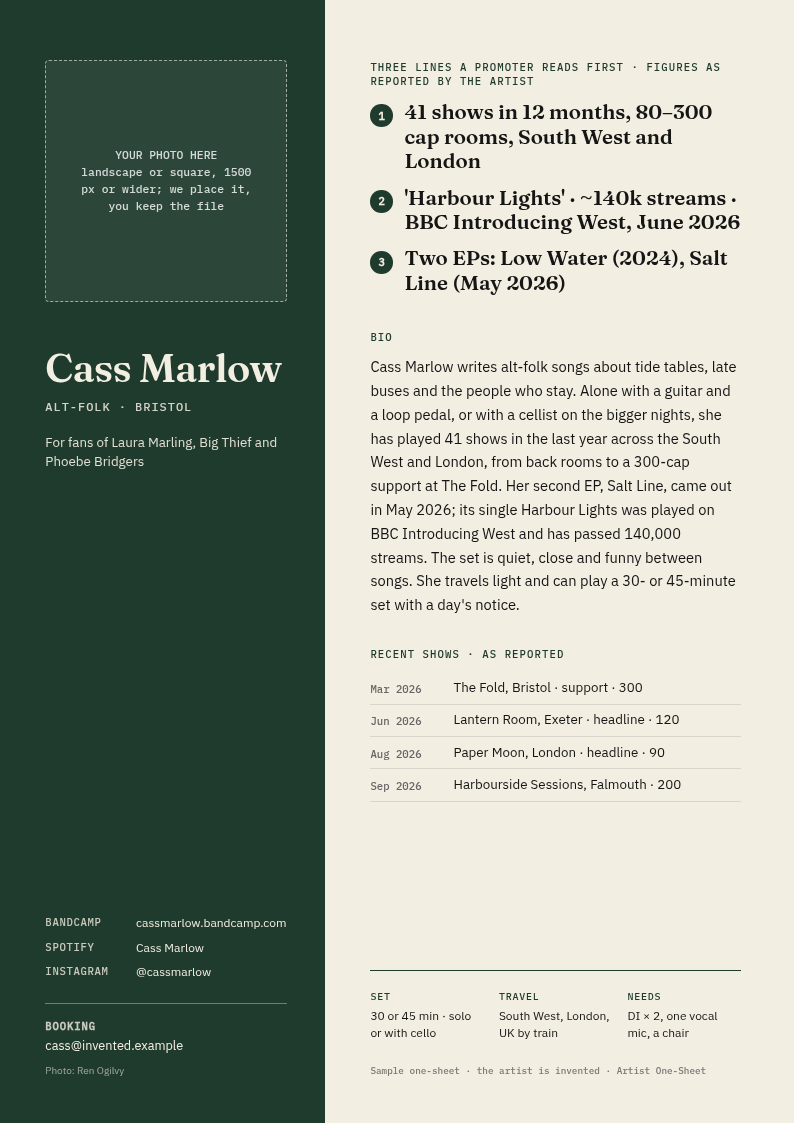 The sample one-sheet, page one
